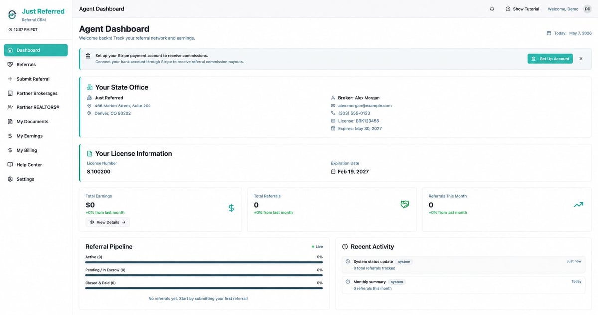 Agent Dashboard displaying state office information, license details, referral pipeline, and recent activity with navigation menu on the left