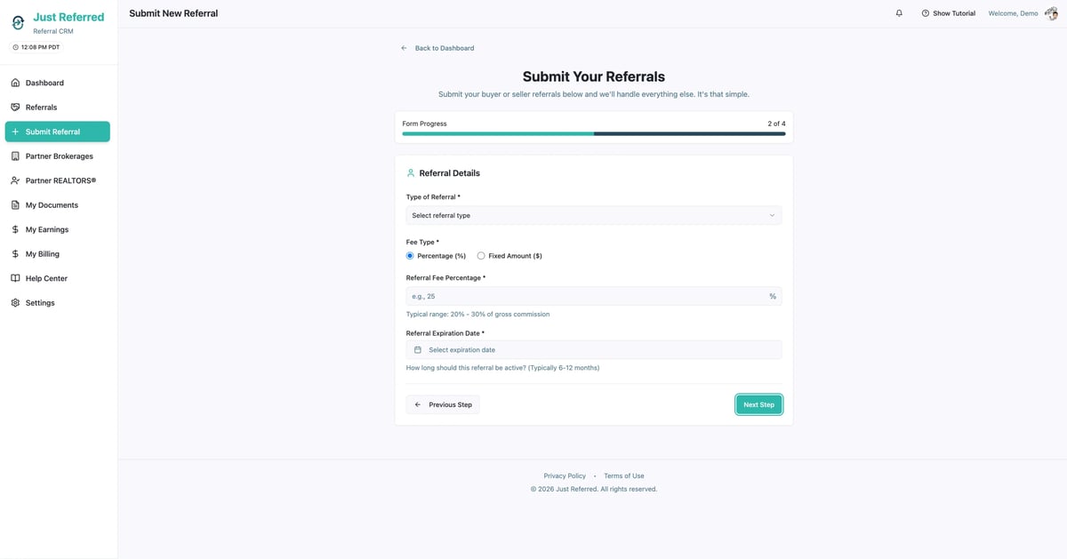 Referral submission form interface with fields for referral details, email information, and a turquoise submit button